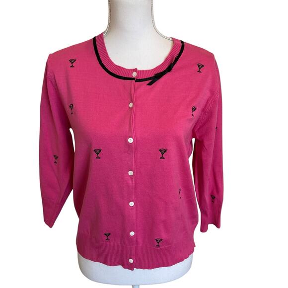 SML Design Cardigan Size Large Pink Martini Emblem Silk Blend Crop Black Ribbon - Picture 1 of 9